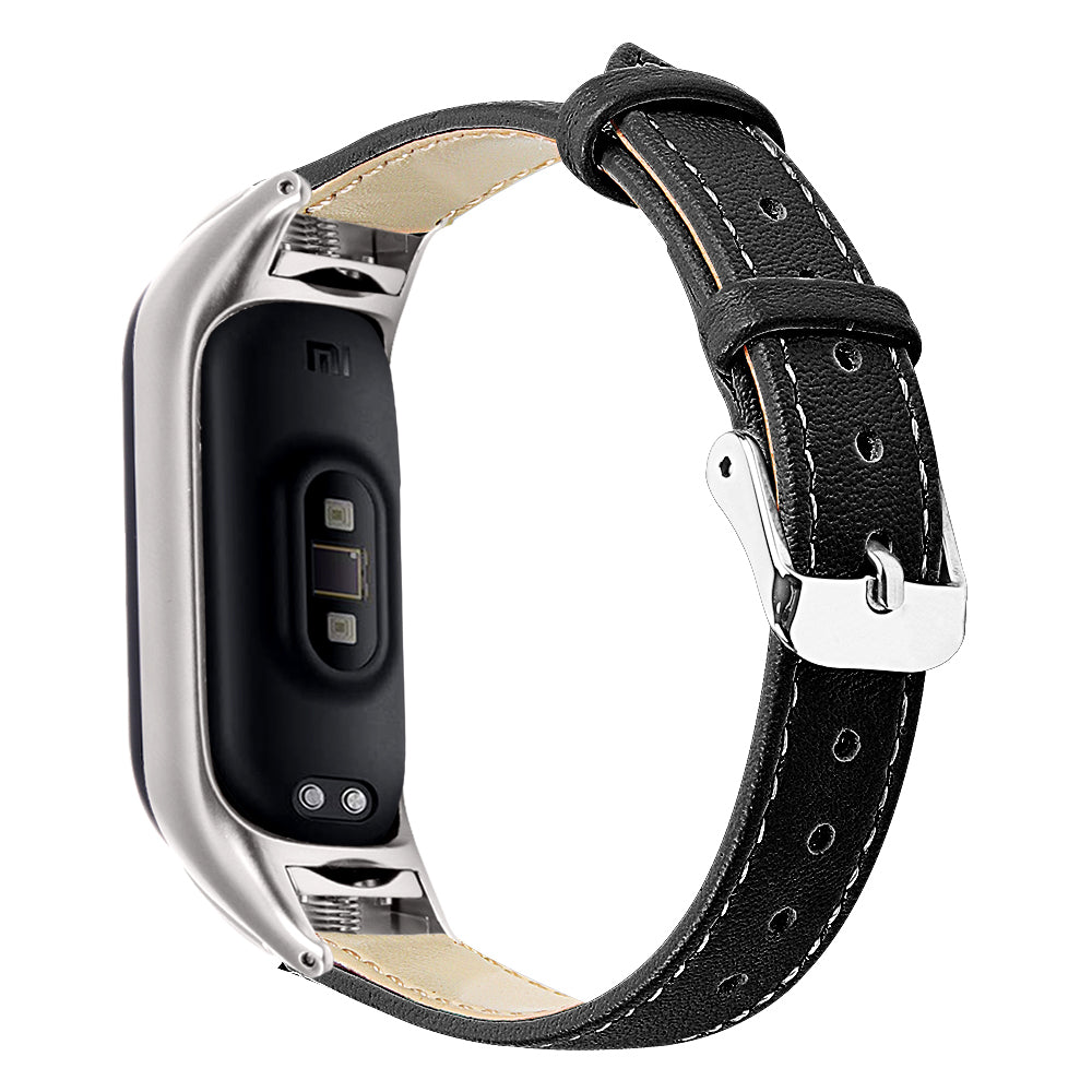 For Xiaomi Smart Band 8 Watch Bands Genuine Cowhide Leather Straps with Silver Watch Case