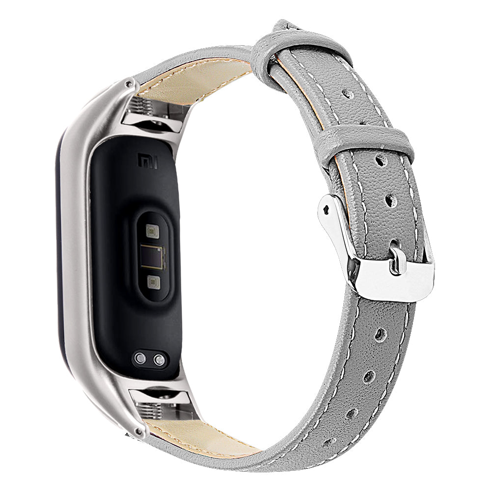 For Xiaomi Smart Band 8 Watch Bands Genuine Cowhide Leather Straps with Silver Watch Case
