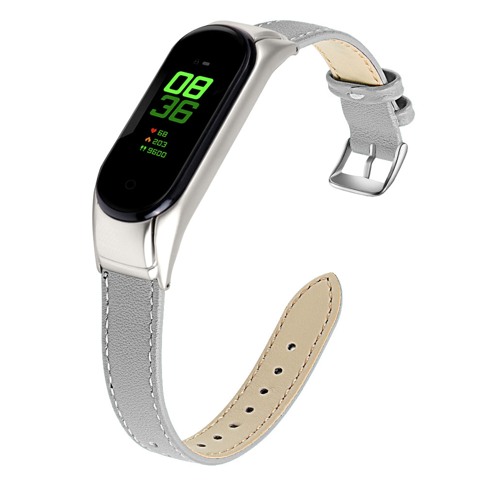 For Xiaomi Smart Band 8 Watch Bands Genuine Cowhide Leather Straps with Silver Watch Case