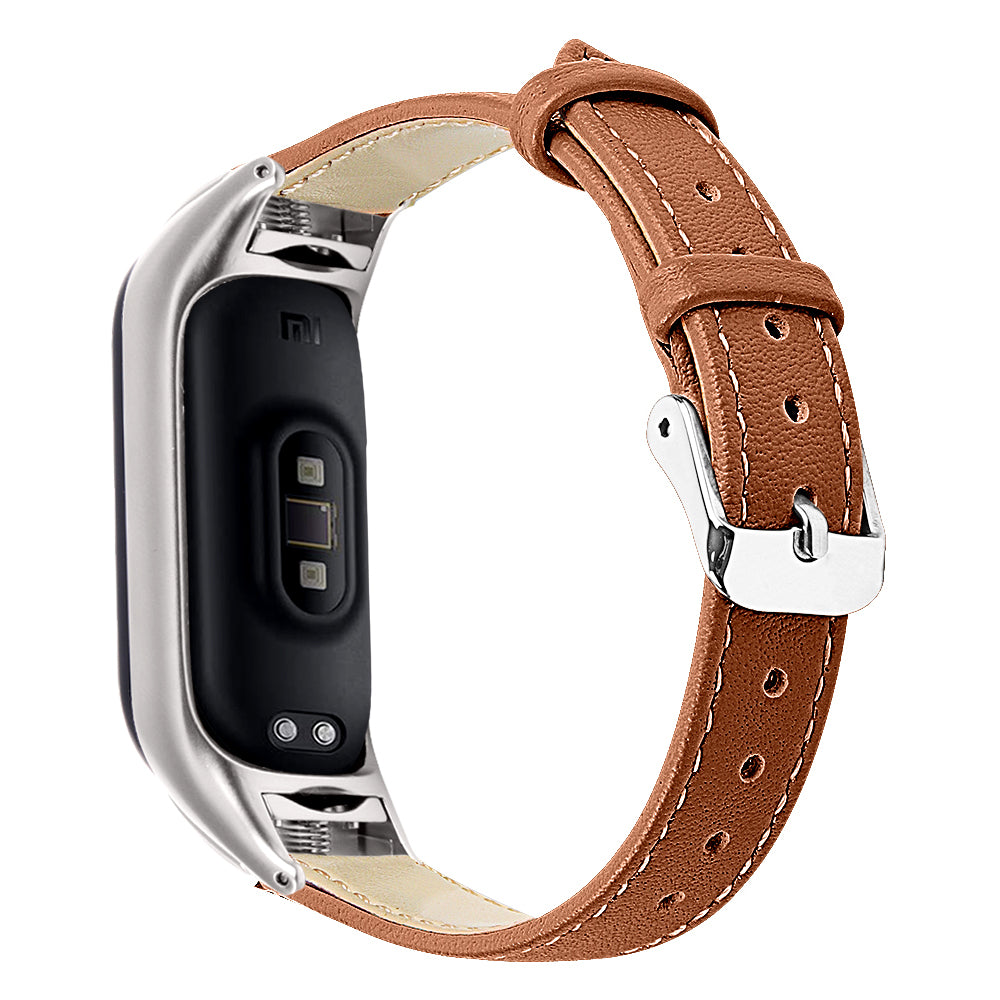 For Xiaomi Smart Band 8 Watch Bands Genuine Cowhide Leather Straps with Silver Watch Case