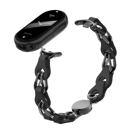 For Xiaomi Smart Band 8 Magnetic Watch Band Genuine Cow Leather+Aluminum Alloy Chain Bracelet