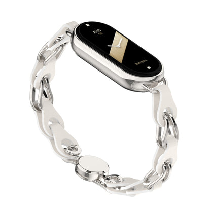 For Xiaomi Smart Band 8 Magnetic Watch Band Genuine Cow Leather+Aluminum Alloy Chain Bracelet