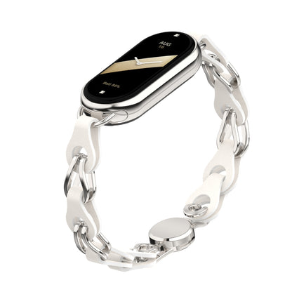 For Xiaomi Smart Band 8 Magnetic Watch Band Genuine Cow Leather+Aluminum Alloy Chain Bracelet