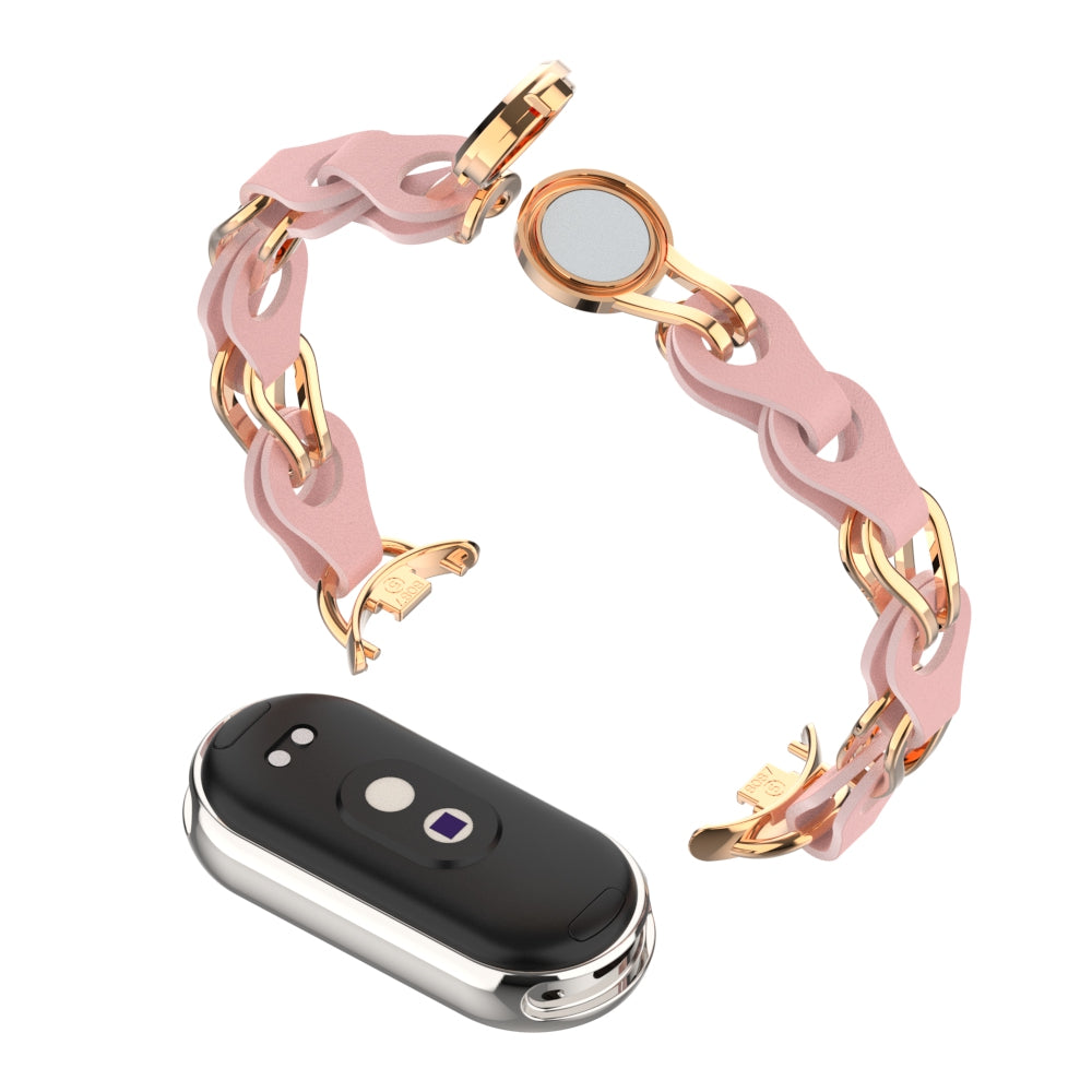 For Xiaomi Smart Band 8 Magnetic Watch Band Genuine Cow Leather+Aluminum Alloy Chain Bracelet