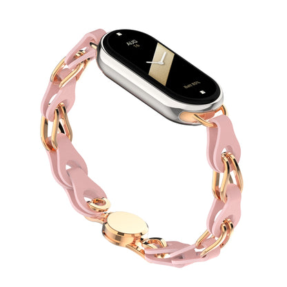 For Xiaomi Smart Band 8 Magnetic Watch Band Genuine Cow Leather+Aluminum Alloy Chain Bracelet