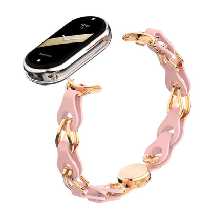 For Xiaomi Smart Band 8 Magnetic Watch Band Genuine Cow Leather+Aluminum Alloy Chain Bracelet
