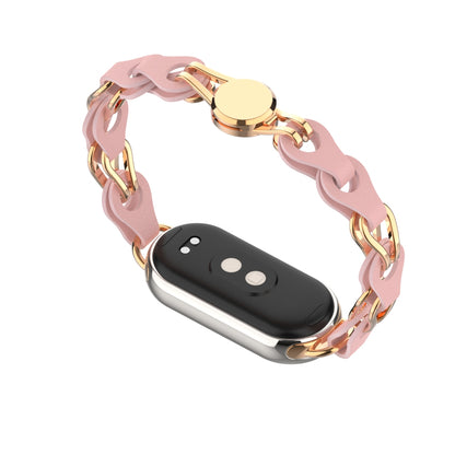 For Xiaomi Smart Band 8 Magnetic Watch Band Genuine Cow Leather+Aluminum Alloy Chain Bracelet