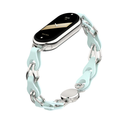 For Xiaomi Smart Band 8 Magnetic Watch Band Genuine Cow Leather+Aluminum Alloy Chain Bracelet
