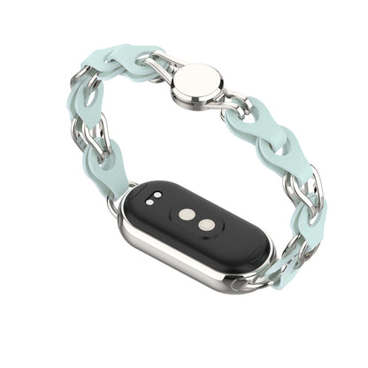 For Xiaomi Smart Band 8 Magnetic Watch Band Genuine Cow Leather+Aluminum Alloy Chain Bracelet