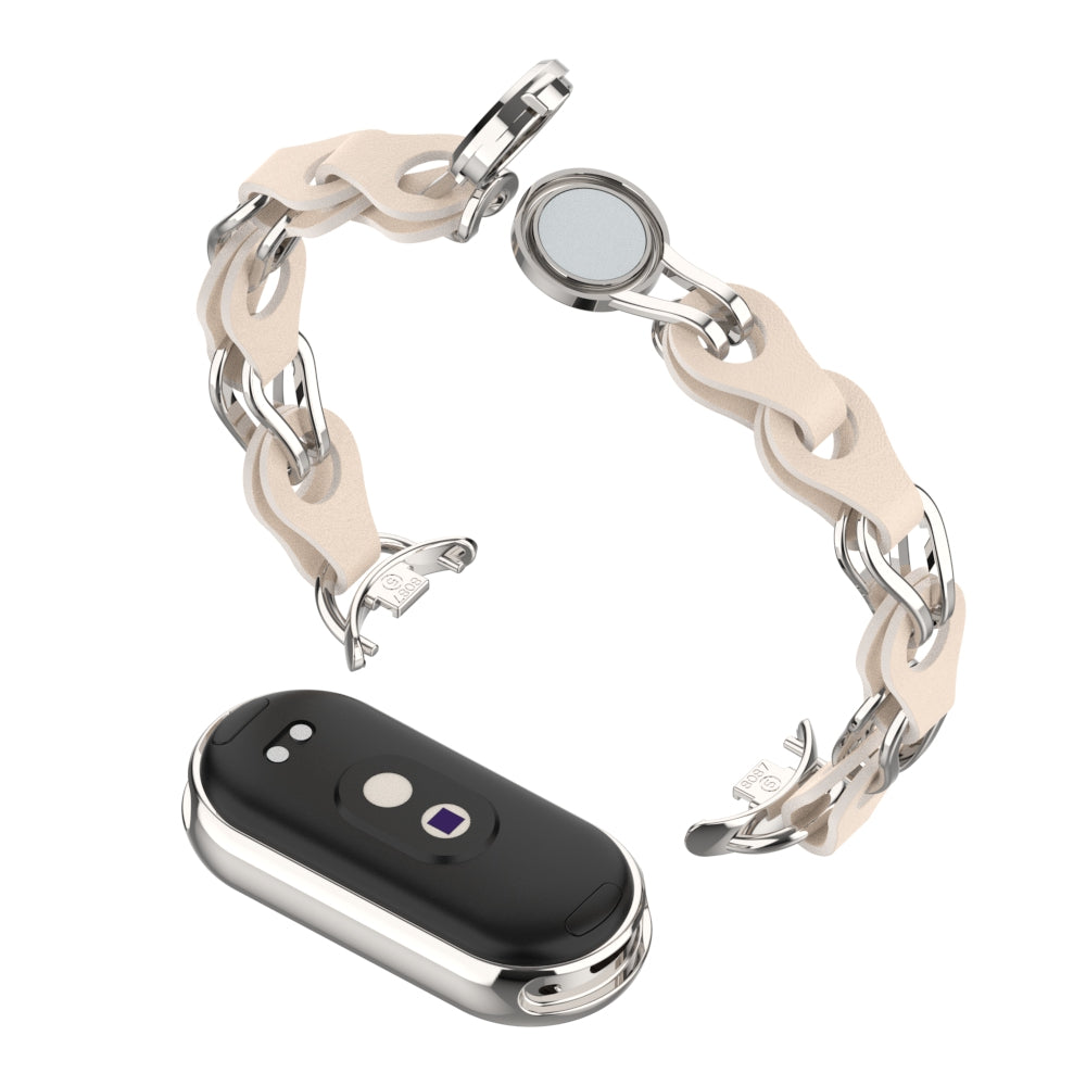 For Xiaomi Smart Band 8 Magnetic Watch Band Genuine Cow Leather+Aluminum Alloy Chain Bracelet