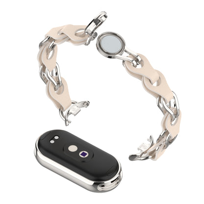 For Xiaomi Smart Band 8 Magnetic Watch Band Genuine Cow Leather+Aluminum Alloy Chain Bracelet