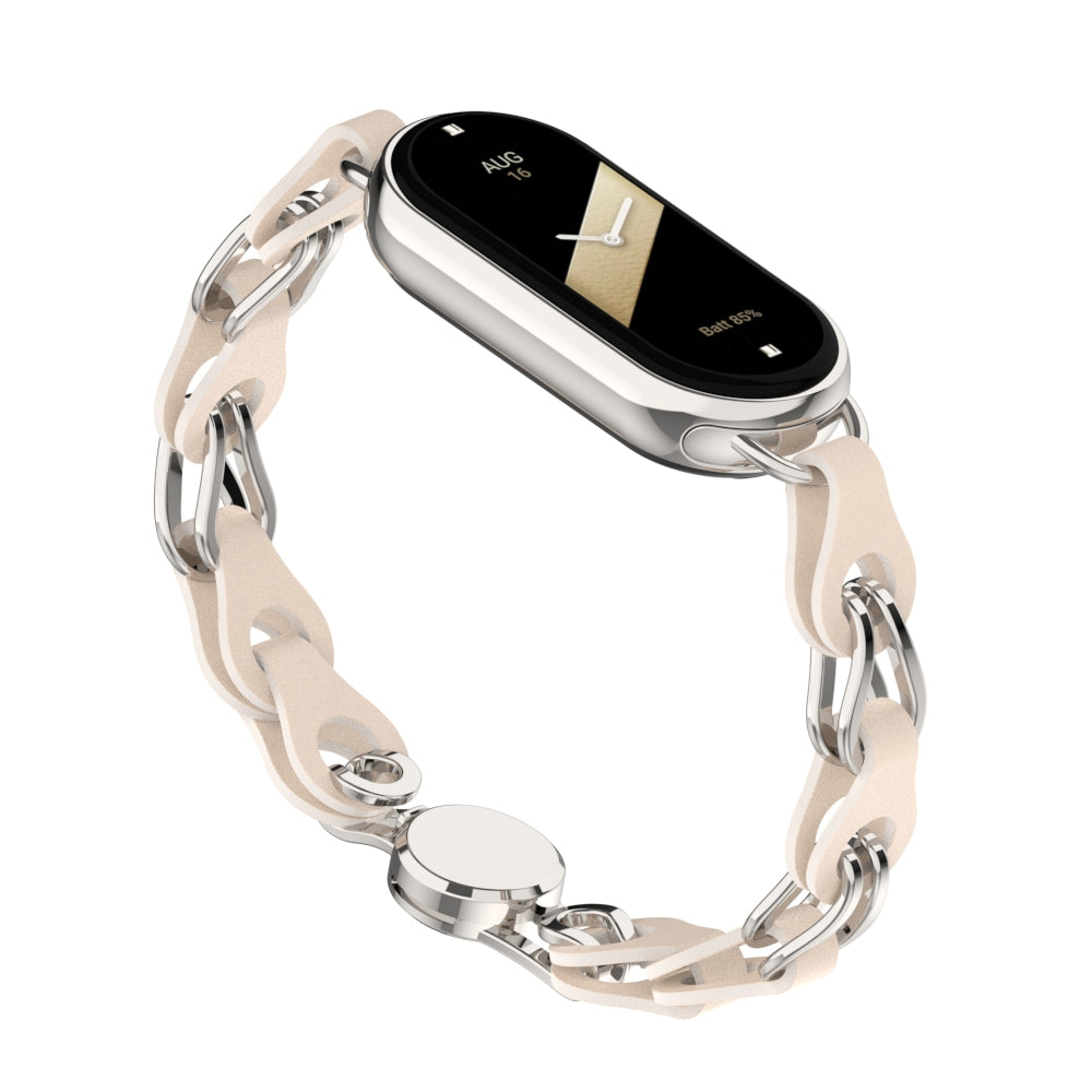 For Xiaomi Smart Band 8 Magnetic Watch Band Genuine Cow Leather+Aluminum Alloy Chain Bracelet