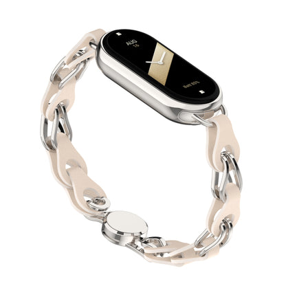 For Xiaomi Smart Band 8 Magnetic Watch Band Genuine Cow Leather+Aluminum Alloy Chain Bracelet