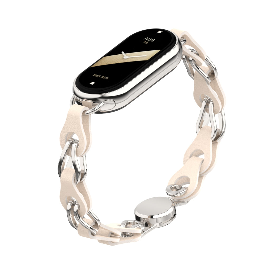 For Xiaomi Smart Band 8 Magnetic Watch Band Genuine Cow Leather+Aluminum Alloy Chain Bracelet