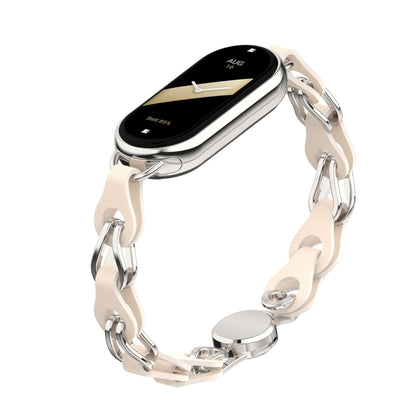 For Xiaomi Smart Band 8 Magnetic Watch Band Genuine Cow Leather+Aluminum Alloy Chain Bracelet
