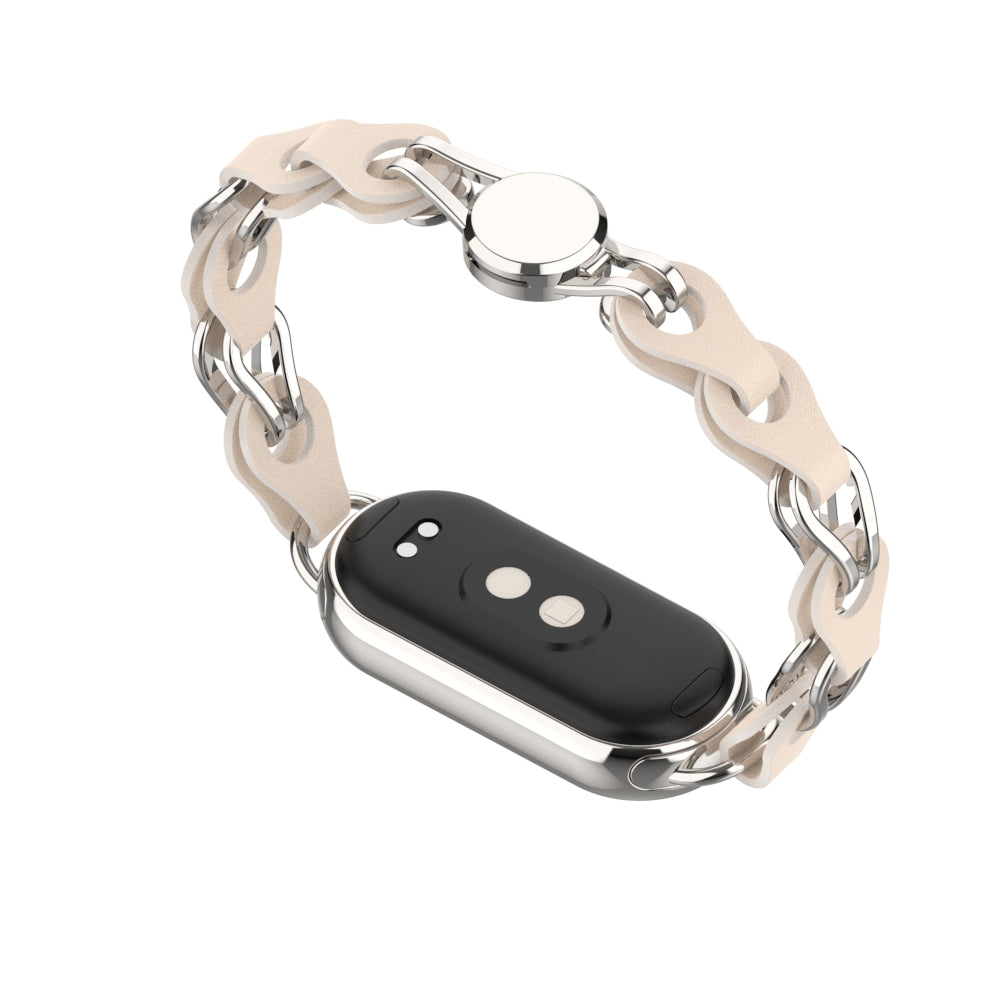 For Xiaomi Smart Band 8 Magnetic Watch Band Genuine Cow Leather+Aluminum Alloy Chain Bracelet