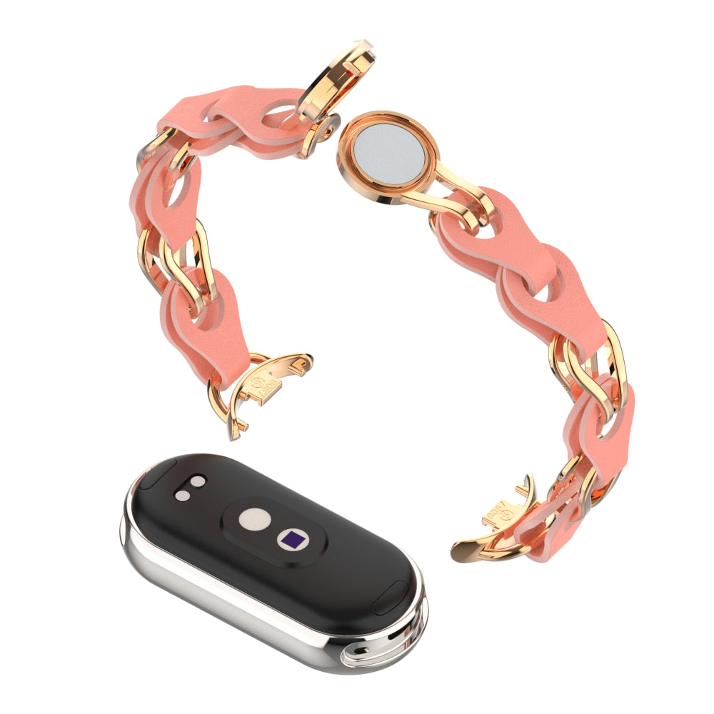For Xiaomi Smart Band 8 Magnetic Watch Band Genuine Cow Leather+Aluminum Alloy Chain Bracelet