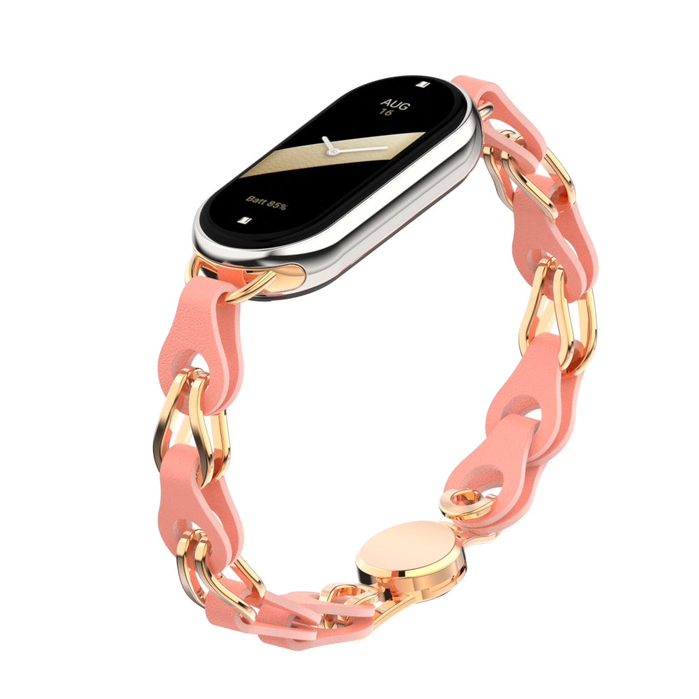For Xiaomi Smart Band 8 Magnetic Watch Band Genuine Cow Leather+Aluminum Alloy Chain Bracelet