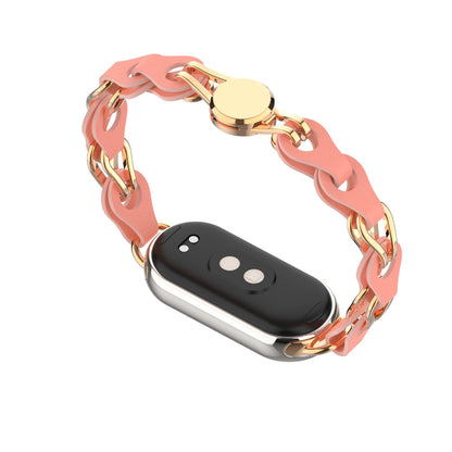 For Xiaomi Smart Band 8 Magnetic Watch Band Genuine Cow Leather+Aluminum Alloy Chain Bracelet