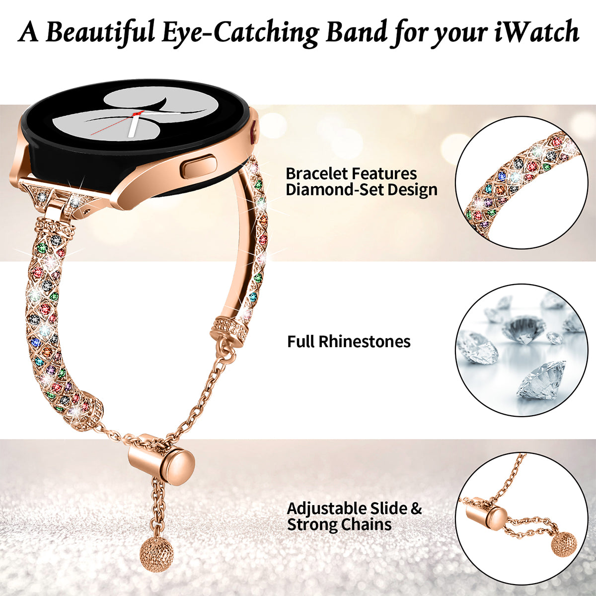 For Samsung Galaxy Watch Active / Watch Active2 44mm / Active2 40mm Rhinestone Jewelry Watch Strap 20mm Sliding Metal Wrist Band