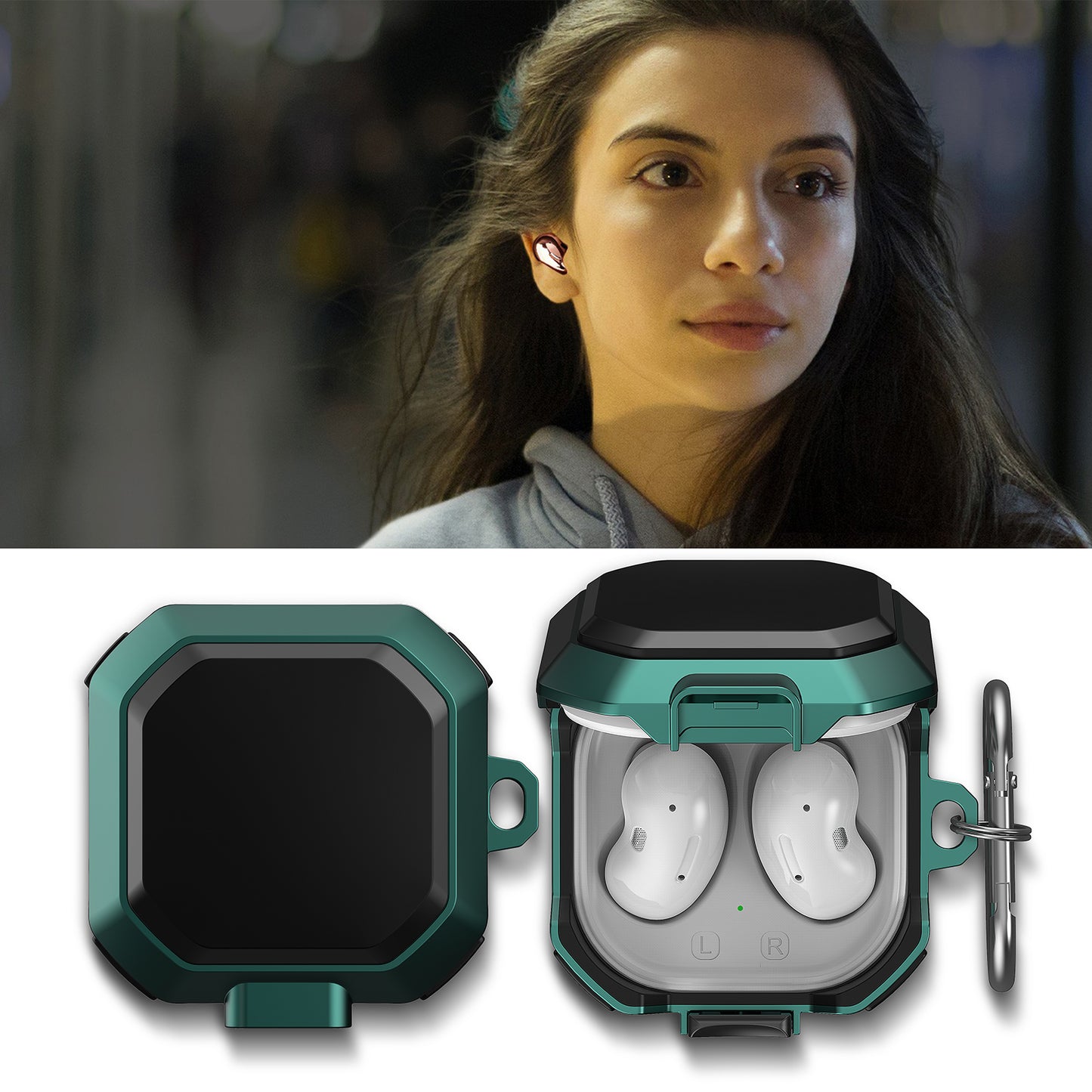 Snap-on Lid Design Anti-drop Wireless Earphone Protective Cover Case with Hanging Buckle for Samsung Galaxy Buds2 / Live / Pro