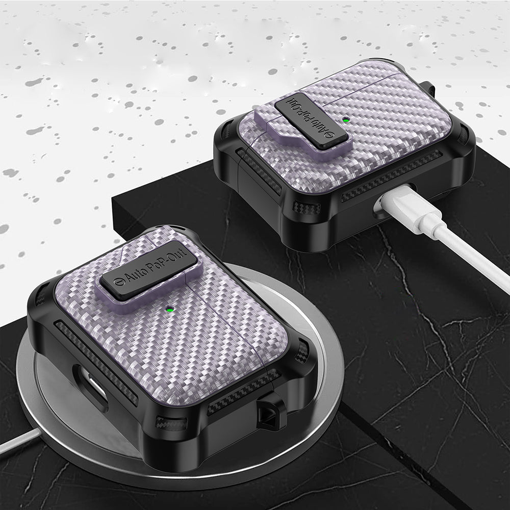 For Apple AirPods Pro Carbon Fiber Texture TPU+PC Anti-drop Cover Pressing Buckle Earphone Case