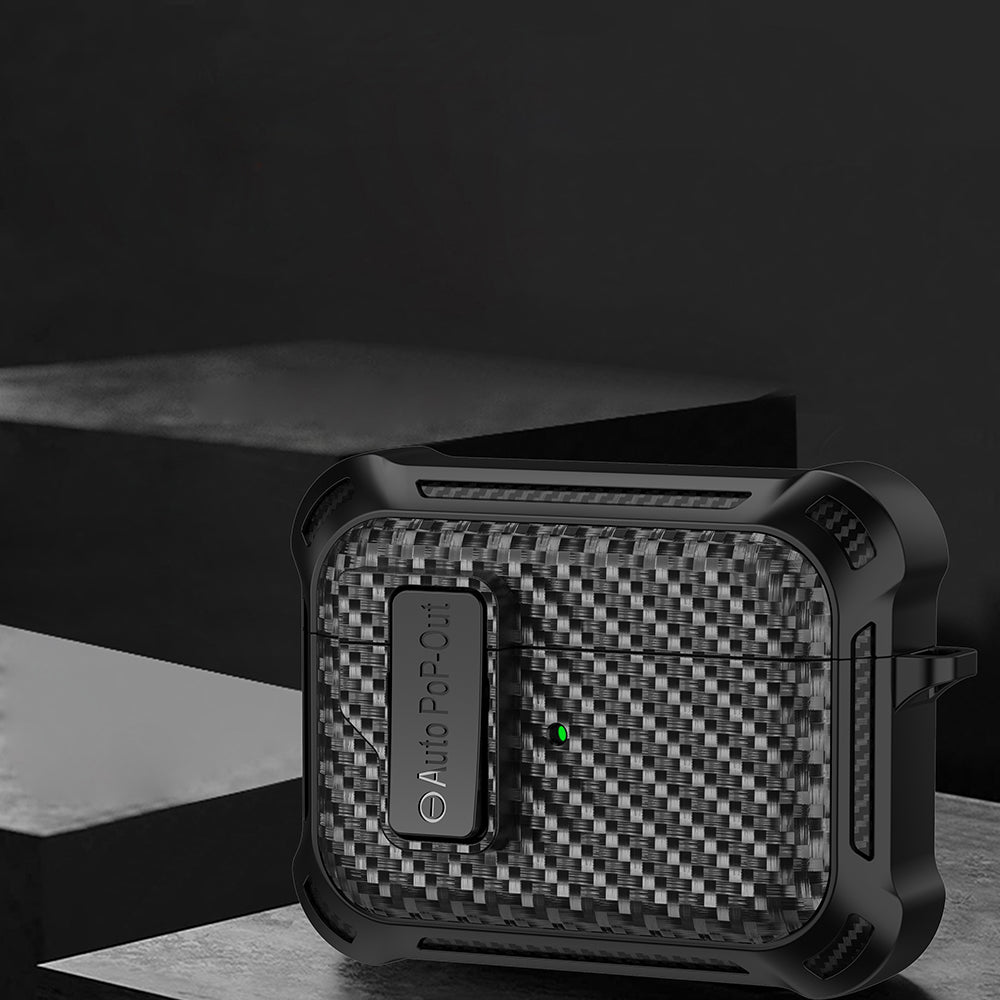For Apple AirPods Pro Carbon Fiber Texture TPU+PC Anti-drop Cover Pressing Buckle Earphone Case