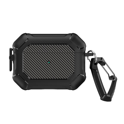 For AirPods Pro 2 TPU+PC Earphone Case Carbon Fiber Texture Reinforced Protective Cover with Carabiner