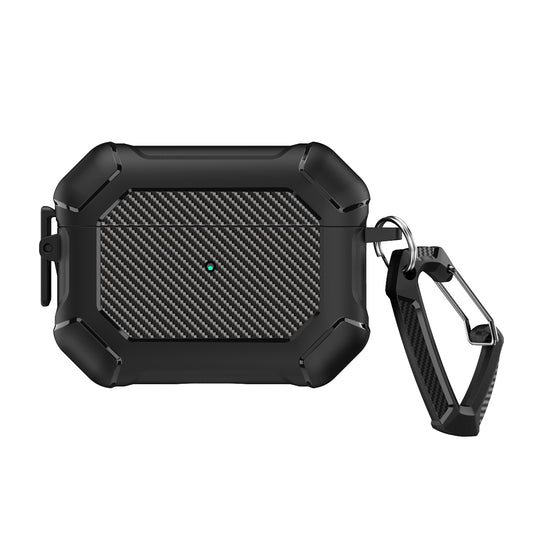For AirPods Pro 2 TPU+PC Earphone Case Carbon Fiber Texture Reinforced Protective Cover with Carabiner