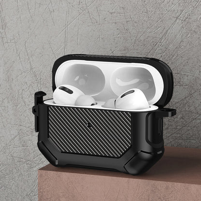 For AirPods Pro 2 TPU+PC Earphone Case Carbon Fiber Texture Reinforced Protective Cover with Carabiner