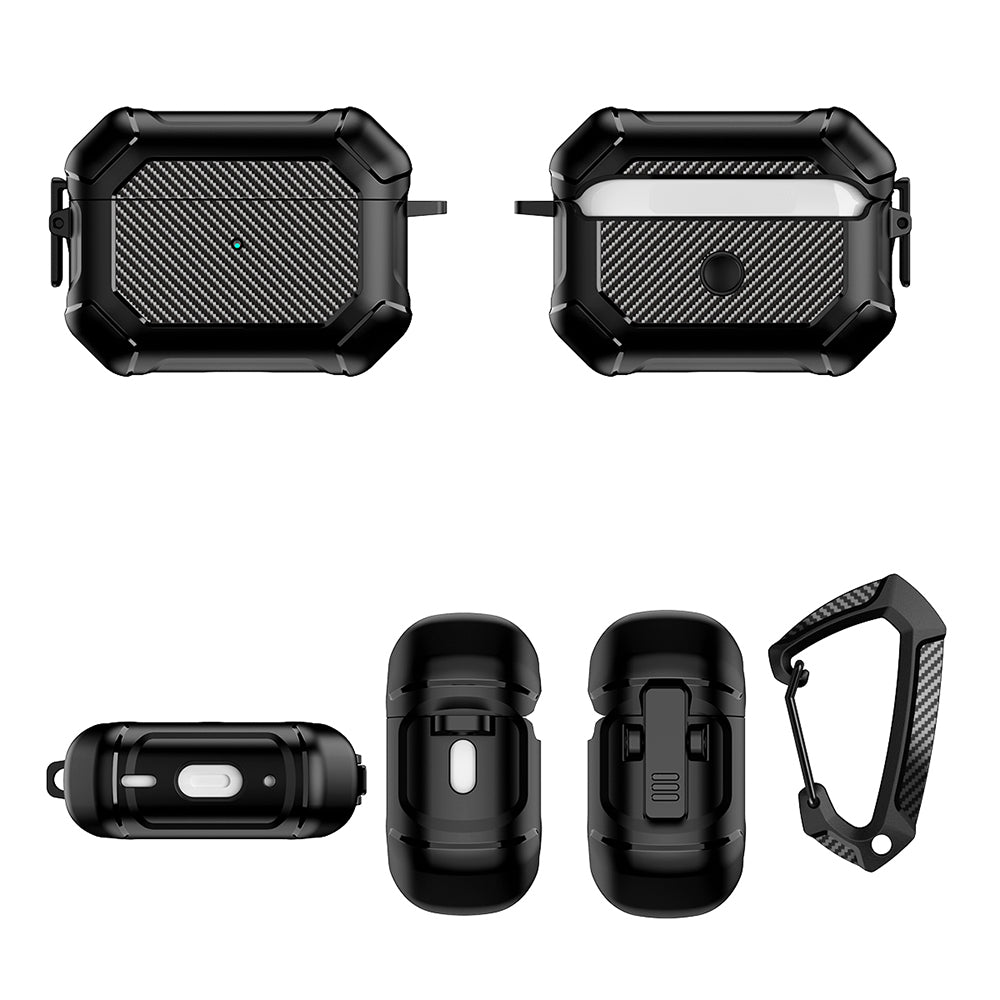 For AirPods Pro 2 TPU+PC Earphone Case Carbon Fiber Texture Reinforced Protective Cover with Carabiner