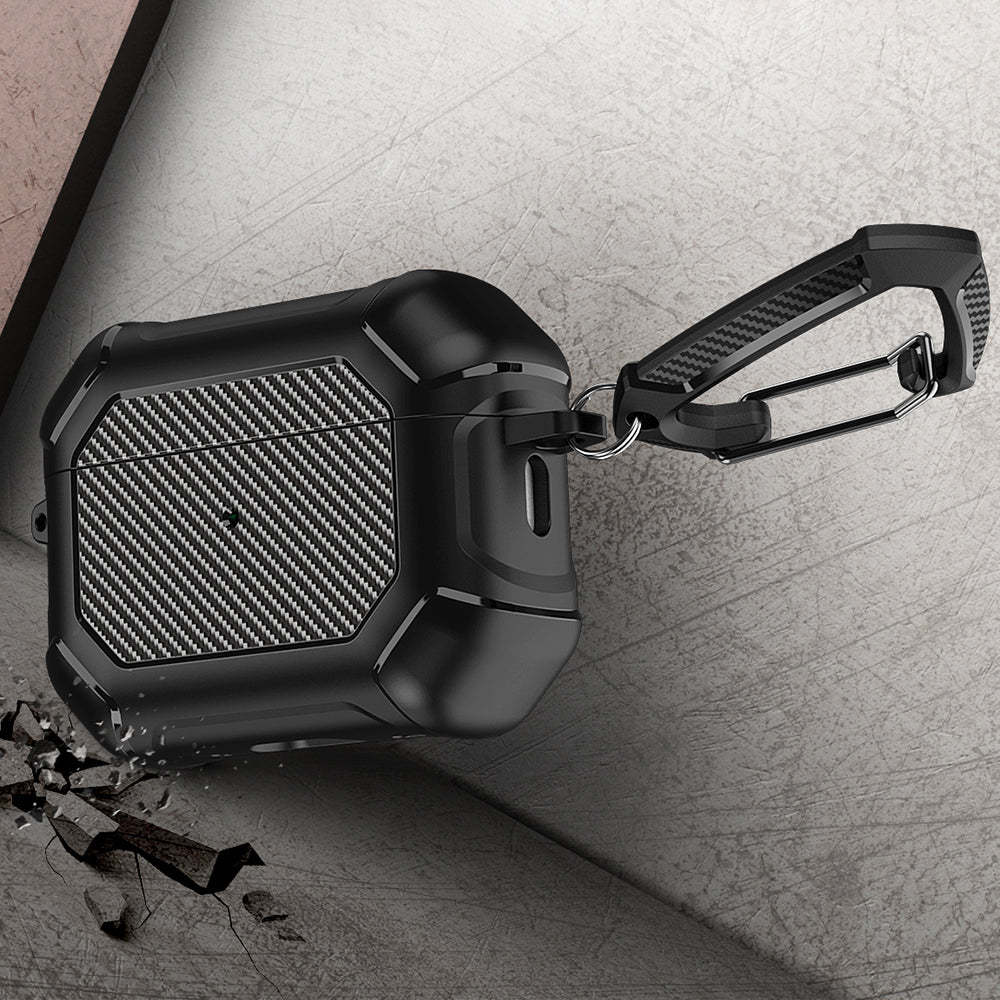 For AirPods Pro 2 TPU+PC Earphone Case Carbon Fiber Texture Reinforced Protective Cover with Carabiner