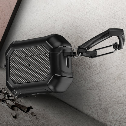 For AirPods Pro 2 TPU+PC Earphone Case Carbon Fiber Texture Reinforced Protective Cover with Carabiner