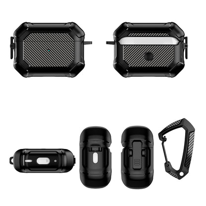 For AirPods Pro 2 TPU+PC Earphone Case Carbon Fiber Texture Reinforced Protective Cover with Carabiner