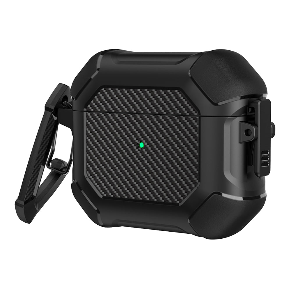 For AirPods 3 Earphone Protective Cover TPU+PC Carbon Fiber Texture Shockproof Case with Carabiner