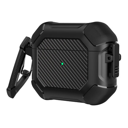 For AirPods 3 Earphone Protective Cover TPU+PC Carbon Fiber Texture Shockproof Case with Carabiner
