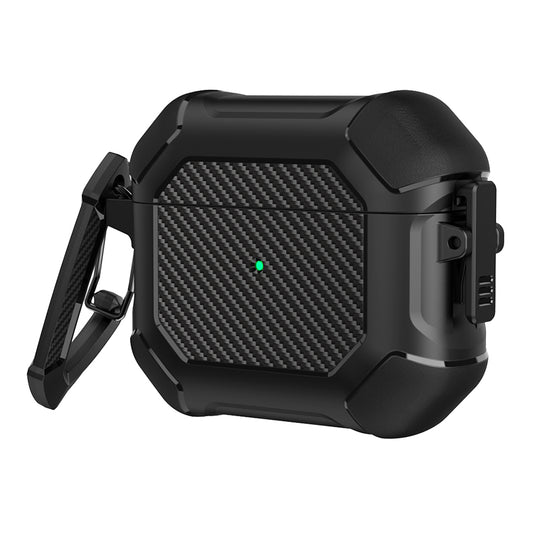 For AirPods 3 Earphone Protective Cover TPU+PC Carbon Fiber Texture Shockproof Case with Carabiner