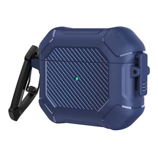 For AirPods 3 Earphone Protective Cover TPU+PC Carbon Fiber Texture Shockproof Case with Carabiner
