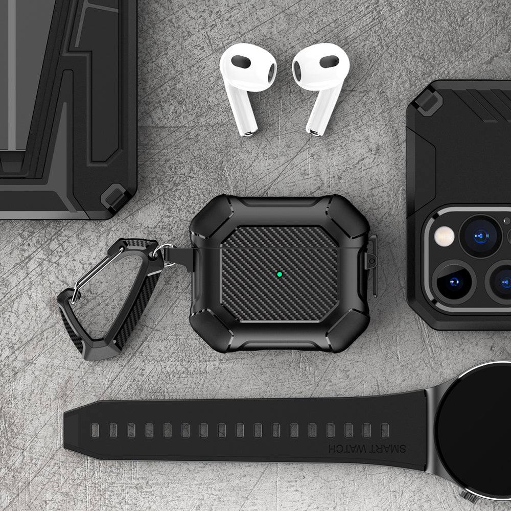 For AirPods 3 Earphone Protective Cover TPU+PC Carbon Fiber Texture Shockproof Case with Carabiner