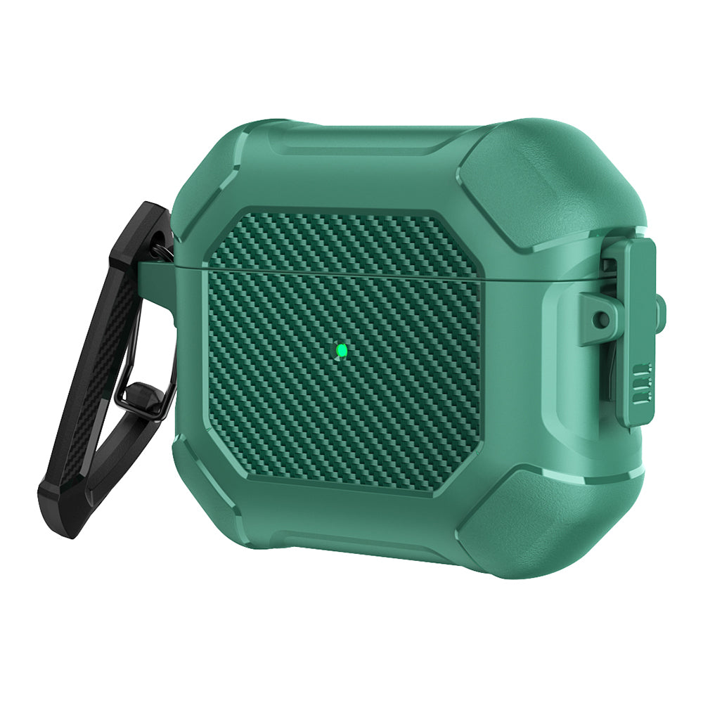 For AirPods 3 Earphone Protective Cover TPU+PC Carbon Fiber Texture Shockproof Case with Carabiner
