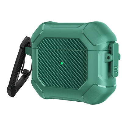 For AirPods 3 Earphone Protective Cover TPU+PC Carbon Fiber Texture Shockproof Case with Carabiner