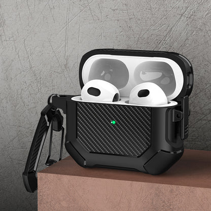 For AirPods 3 Earphone Protective Cover TPU+PC Carbon Fiber Texture Shockproof Case with Carabiner