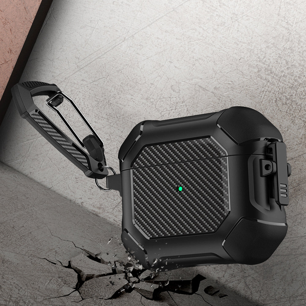 For AirPods 3 Earphone Protective Cover TPU+PC Carbon Fiber Texture Shockproof Case with Carabiner