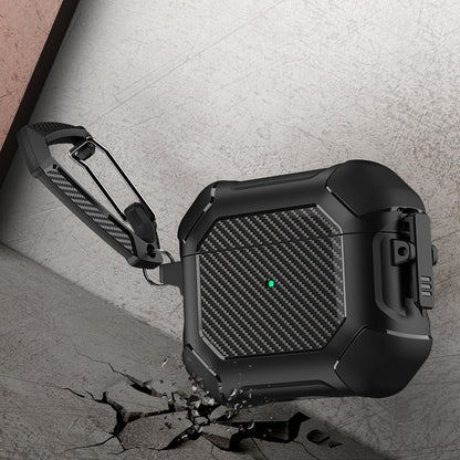 For AirPods 3 Earphone Protective Cover TPU+PC Carbon Fiber Texture Shockproof Case with Carabiner
