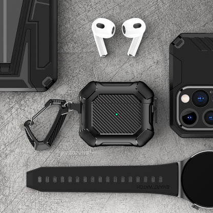 For AirPods 3 Earphone Protective Cover TPU+PC Carbon Fiber Texture Shockproof Case with Carabiner
