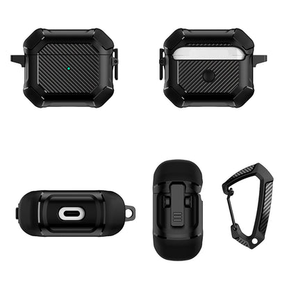 For AirPods 3 Earphone Protective Cover TPU+PC Carbon Fiber Texture Shockproof Case with Carabiner