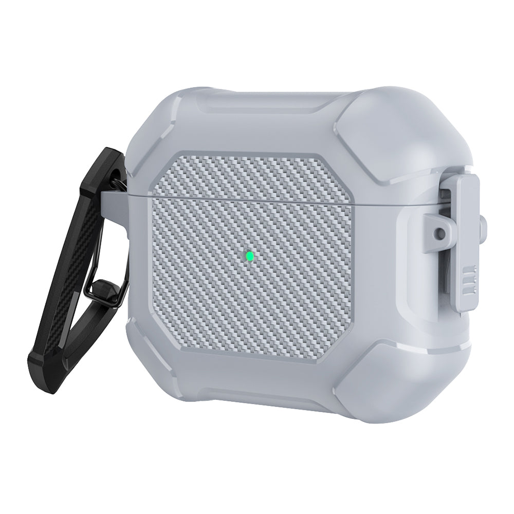 For AirPods 3 Earphone Protective Cover TPU+PC Carbon Fiber Texture Shockproof Case with Carabiner