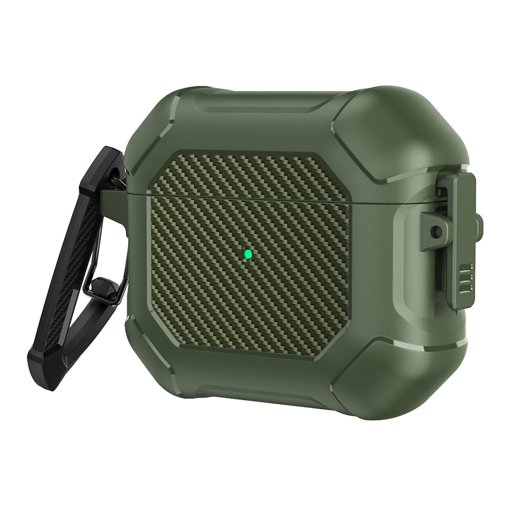 For AirPods 3 Earphone Protective Cover TPU+PC Carbon Fiber Texture Shockproof Case with Carabiner