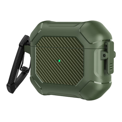 For AirPods 3 Earphone Protective Cover TPU+PC Carbon Fiber Texture Shockproof Case with Carabiner
