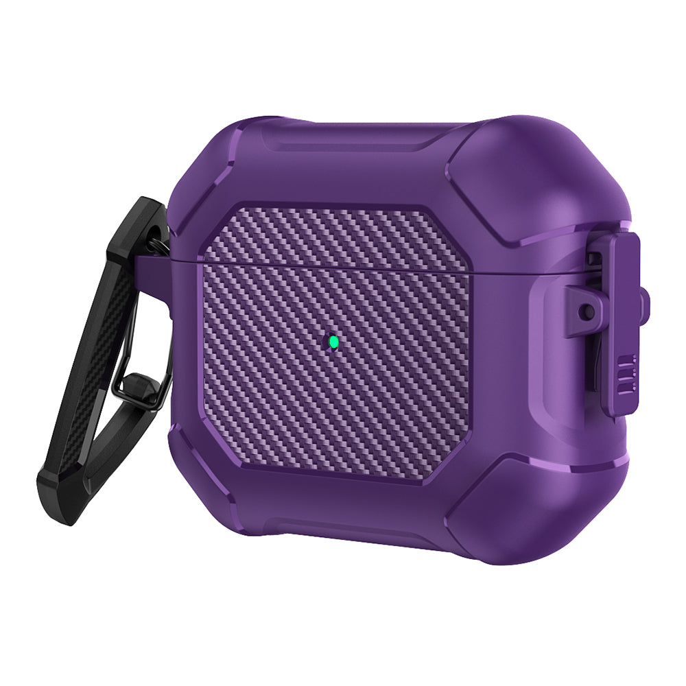 For AirPods 3 Earphone Protective Cover TPU+PC Carbon Fiber Texture Shockproof Case with Carabiner